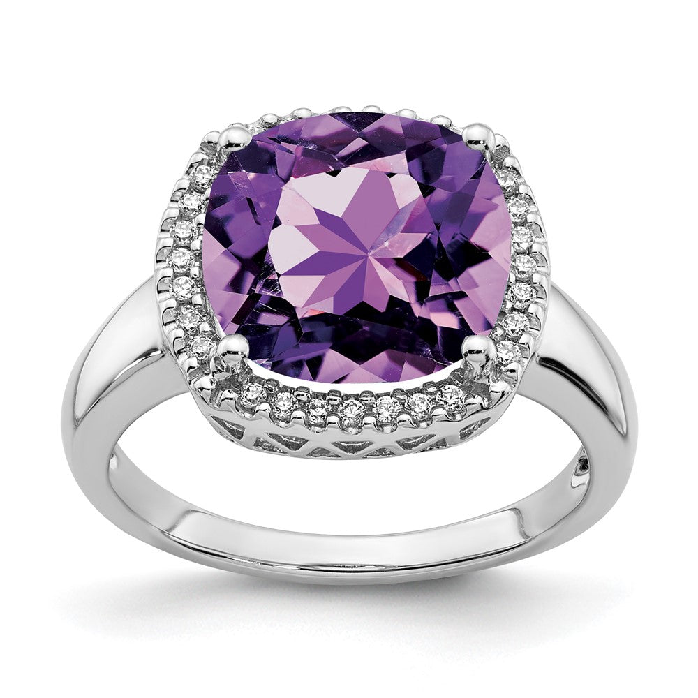Solid 14k White Gold Simulated Amethyst and CZ Ring