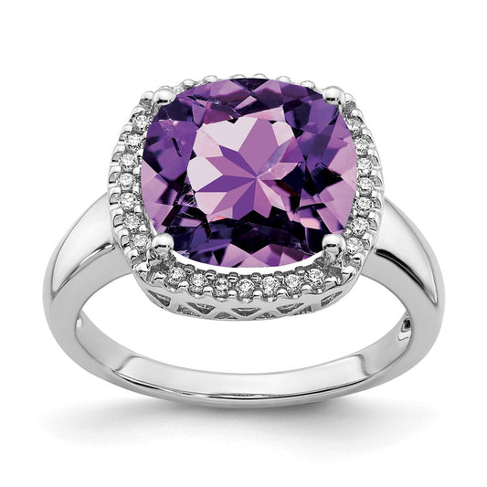 Solid 14k White Gold Simulated Amethyst and CZ Ring