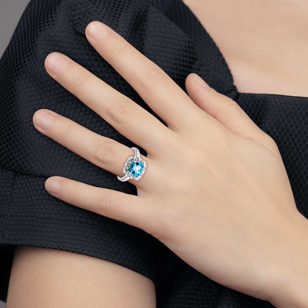 14k White Gold Blue Topaz and Real Diamond Ring