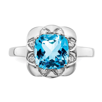 14k White Gold Blue Topaz and Real Diamond Ring