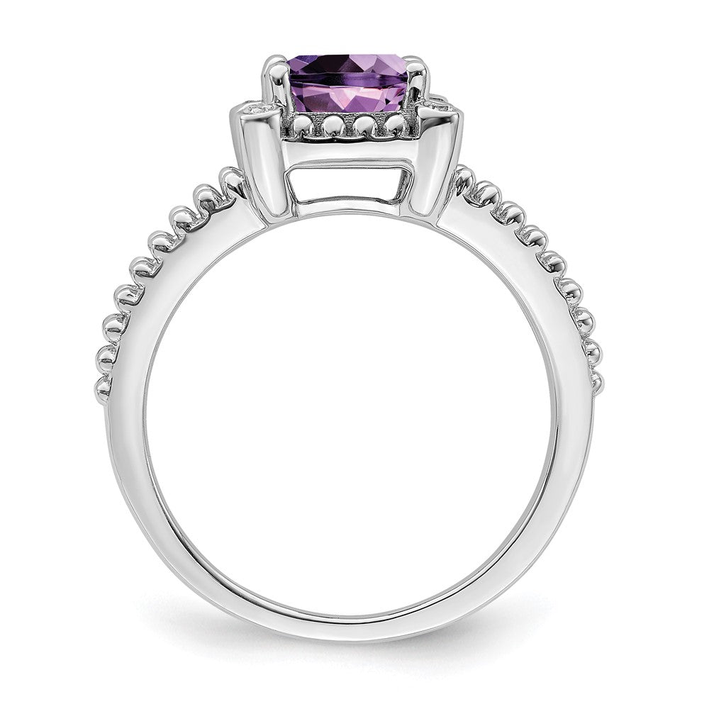 Solid 14k White Gold Cushion Simulated Amethyst and CZ Ring