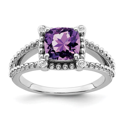 Solid 14k White Gold Cushion Simulated Amethyst and CZ Ring