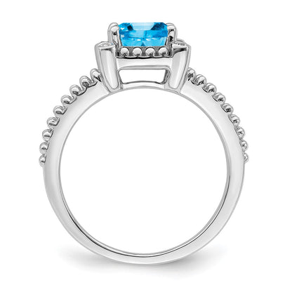 14k White Gold Cushion Blue Topaz and Real Diamond Ring