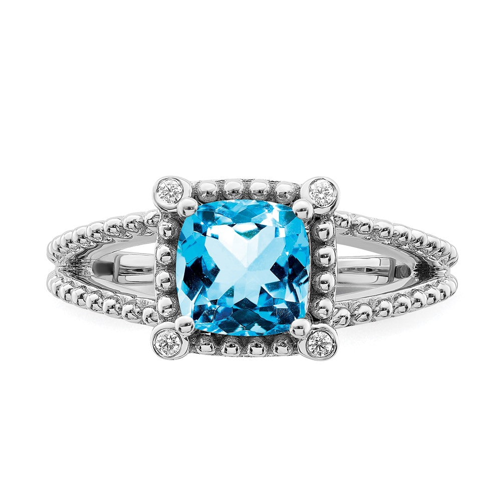 14k White Gold Cushion Blue Topaz and Real Diamond Ring