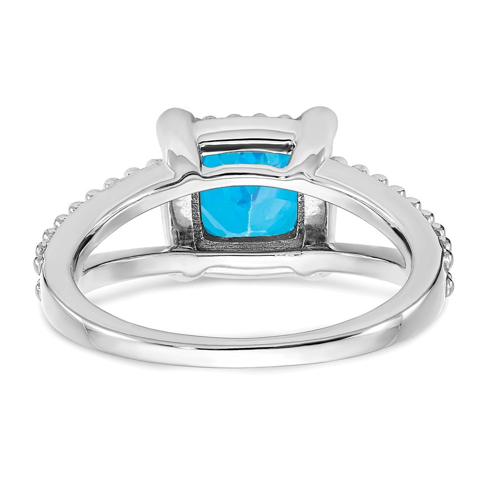 14k White Gold Cushion Blue Topaz and Real Diamond Ring