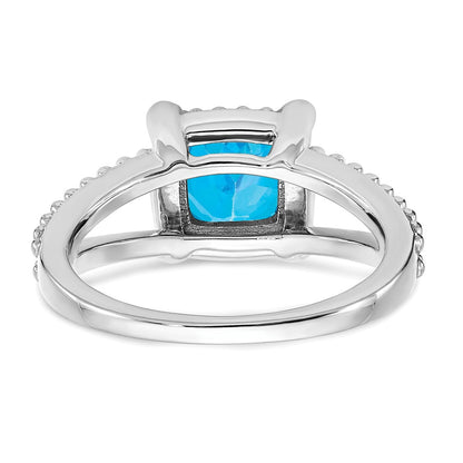 14k White Gold Cushion Blue Topaz and Real Diamond Ring