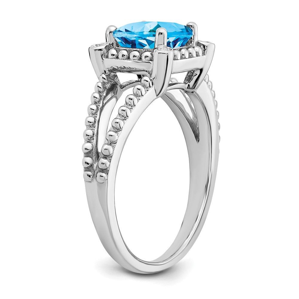14k White Gold Cushion Blue Topaz and Real Diamond Ring