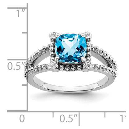 14k White Gold Cushion Blue Topaz and Real Diamond Ring