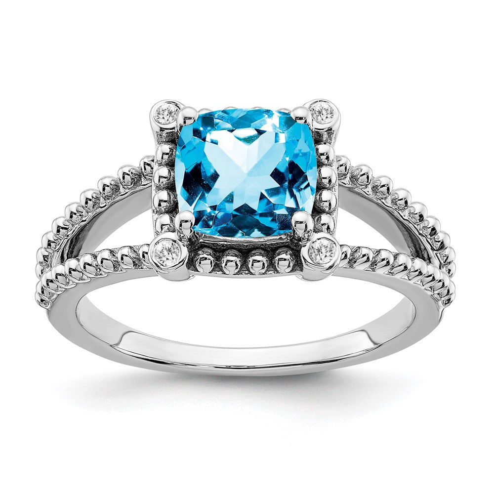 14k White Gold Cushion Blue Topaz and Real Diamond Ring