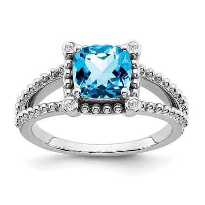 14k White Gold Cushion Blue Topaz and Real Diamond Ring