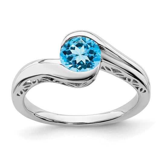 Solid 14k White Gold Simulated Blue Topaz Bypass Ring