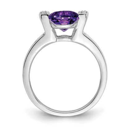 Solid 14k White Gold Oval Simulated Amethyst and CZ Ring