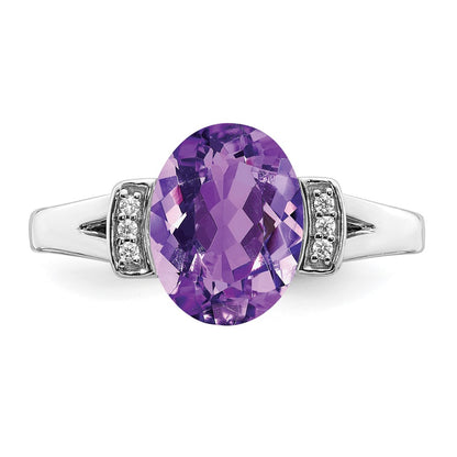 Solid 14k White Gold Oval Simulated Amethyst and CZ Ring