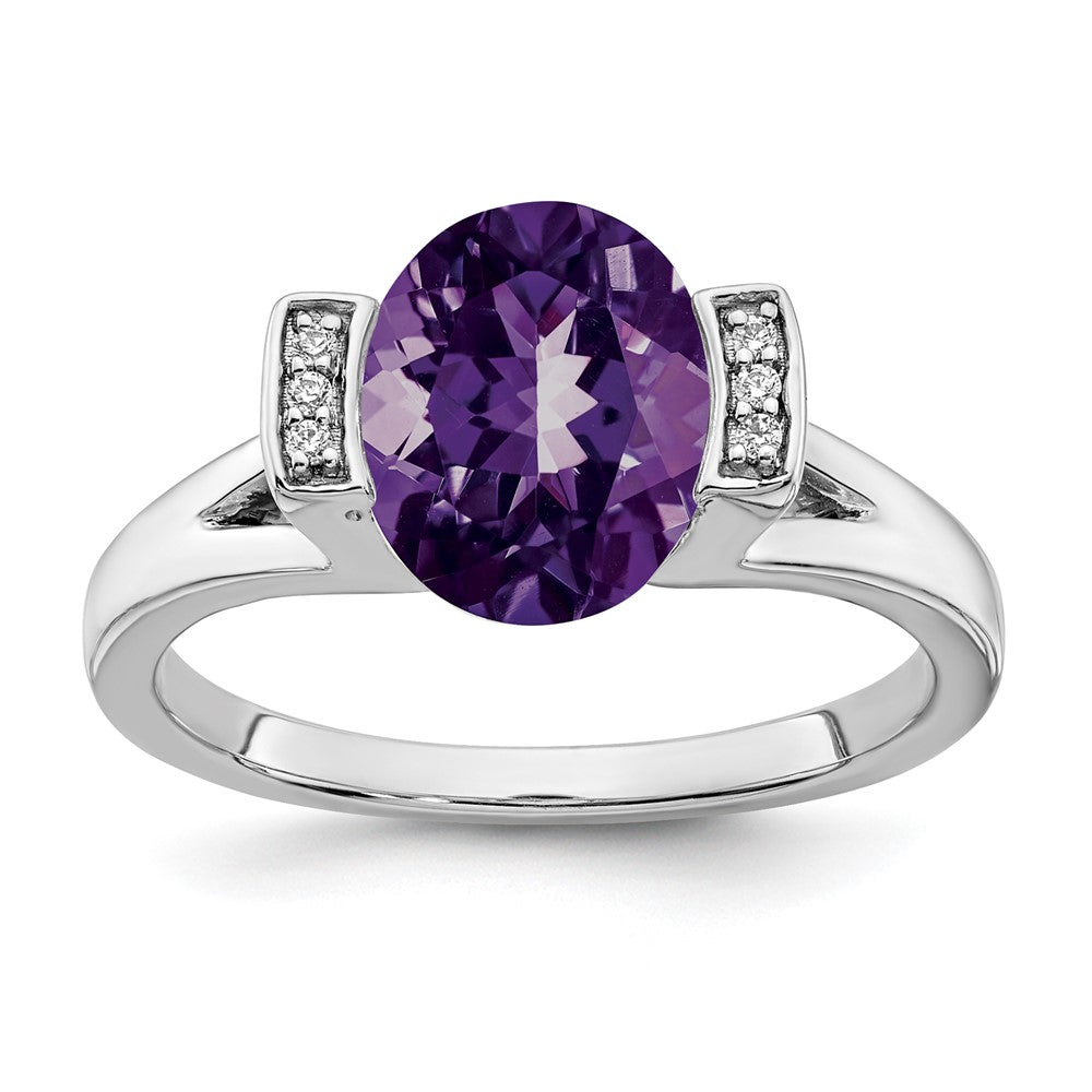 Solid 14k White Gold Oval Simulated Amethyst and CZ Ring