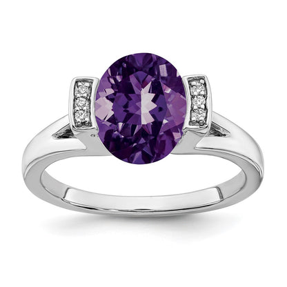 Solid 14k White Gold Oval Simulated Amethyst and CZ Ring