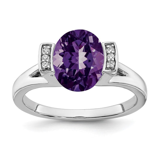 Solid 14k White Gold Oval Simulated Amethyst and CZ Ring