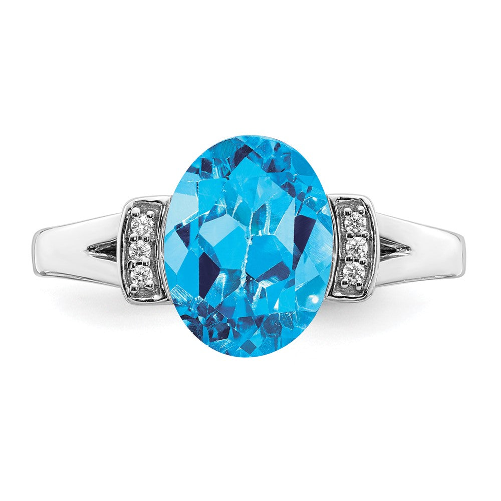 14k White Gold Oval Blue Topaz and Real Diamond Ring