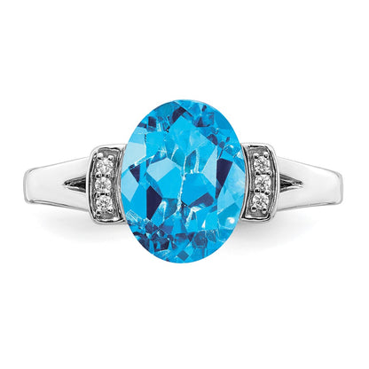 14k White Gold Oval Blue Topaz and Real Diamond Ring