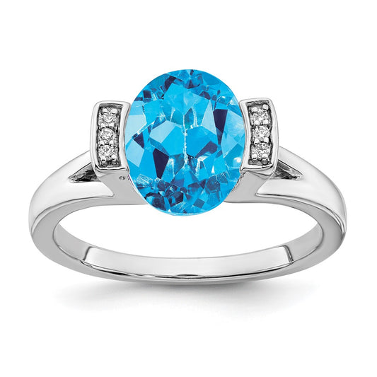 14k White Gold Oval Blue Topaz and Real Diamond Ring