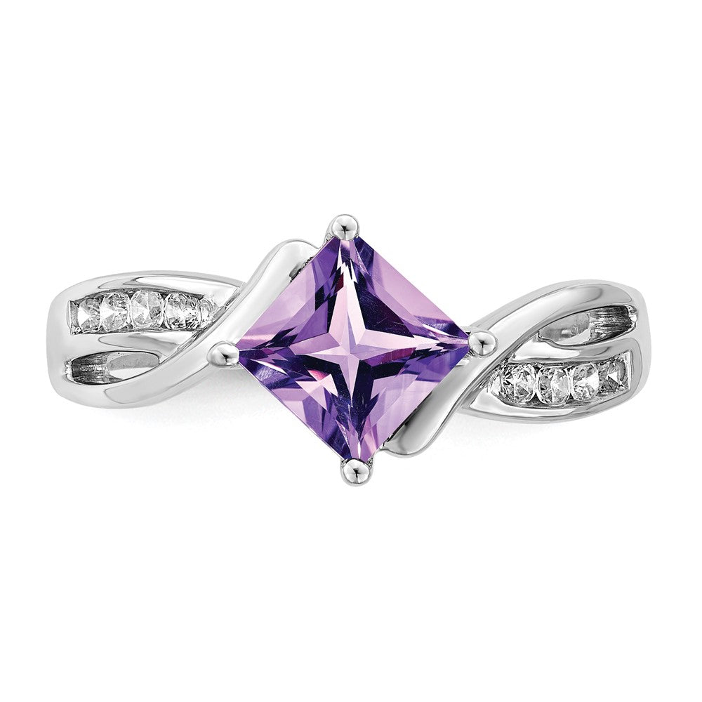 14k White Gold Square Amethyst and Real Diamond Ring