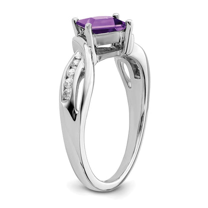 14k White Gold Square Amethyst and Real Diamond Ring