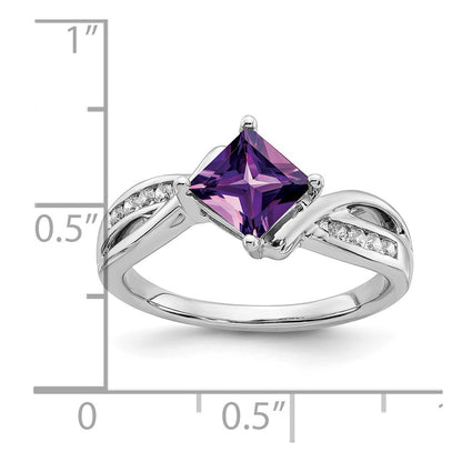 14k White Gold Square Amethyst and Real Diamond Ring