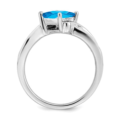 14k White Gold Square Blue Topaz and Real Diamond Ring
