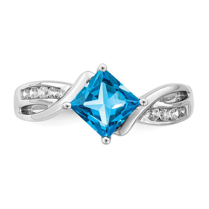 14k White Gold Square Blue Topaz and Real Diamond Ring