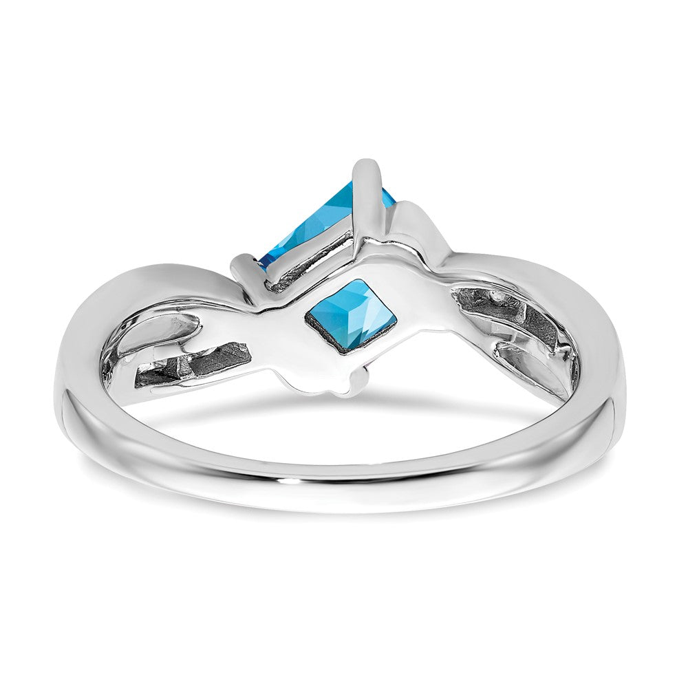 14k White Gold Square Blue Topaz and Real Diamond Ring