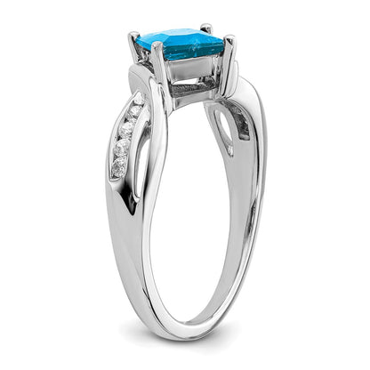 14k White Gold Square Blue Topaz and Real Diamond Ring