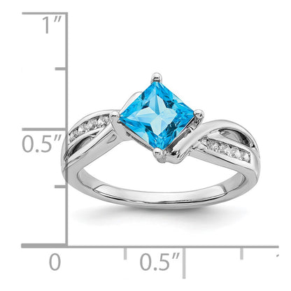 14k White Gold Square Blue Topaz and Real Diamond Ring