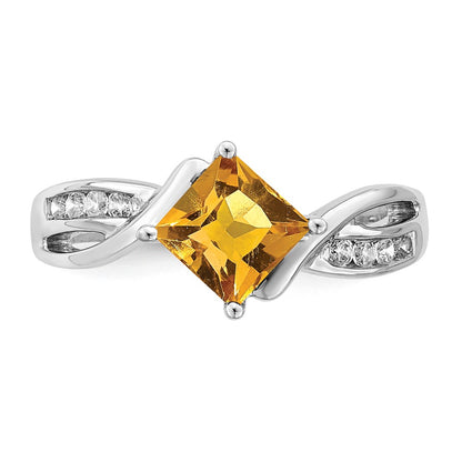 14k White Gold Square Citrine and Real Diamond Ring