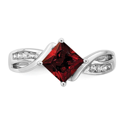 14k White Gold Square Garnet and Real Diamond Ring