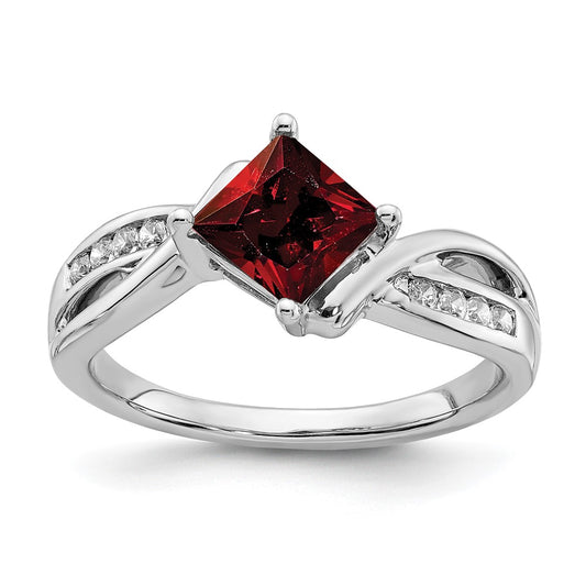 Solid 14k White Gold Square Simulated Garnet and CZ Ring