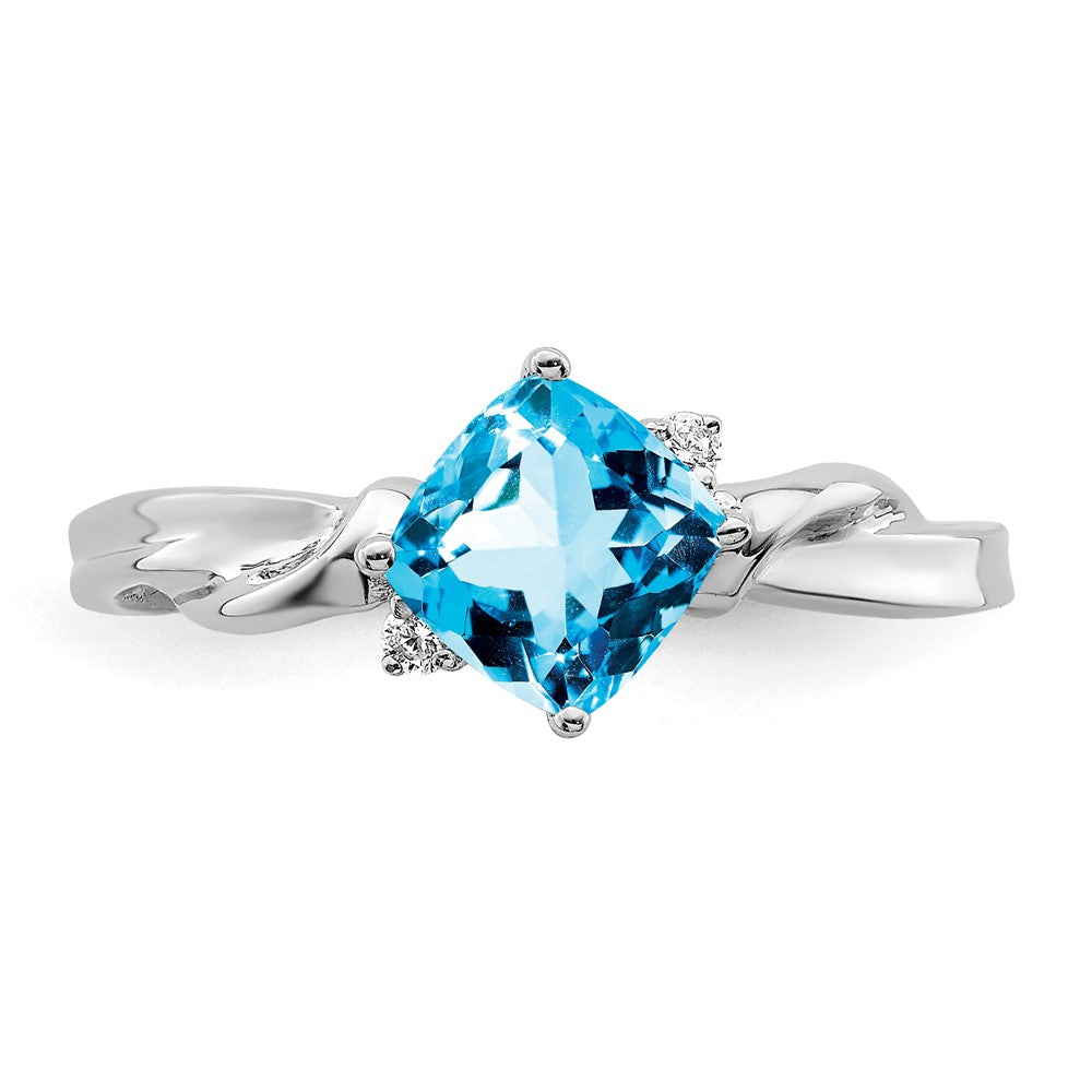 14k White Gold Cushion Blue Topaz and Real Diamond Ring