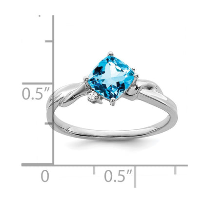 14k White Gold Cushion Blue Topaz and Real Diamond Ring