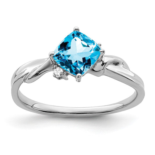 14k White Gold Cushion Blue Topaz and Real Diamond Ring