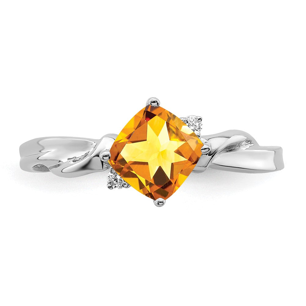 14k White Gold Cushion Citrine and Real Diamond Ring