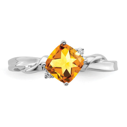 14k White Gold Cushion Citrine and Real Diamond Ring