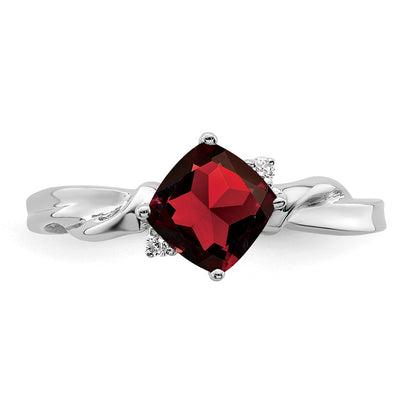 14k White Gold Cushion Garnet and Real Diamond Ring