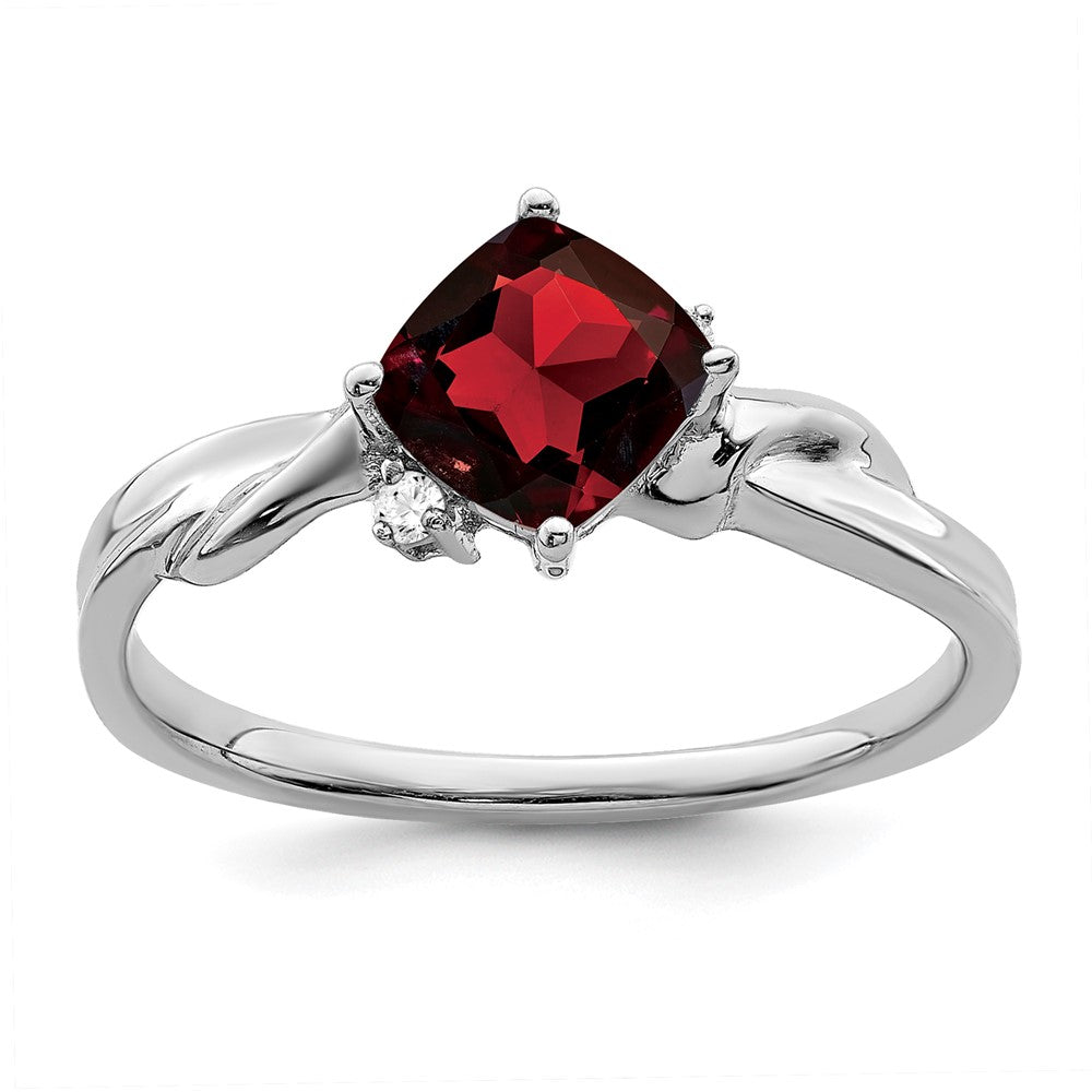 14k White Gold Cushion Garnet and Real Diamond Ring