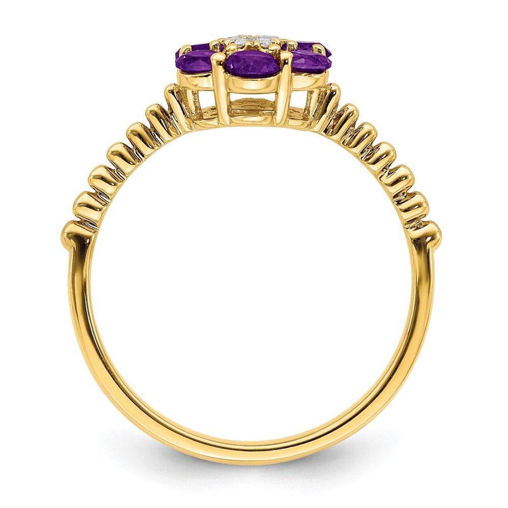 14K Yellow Gold Amethyst and Real Diamond Floral Ring