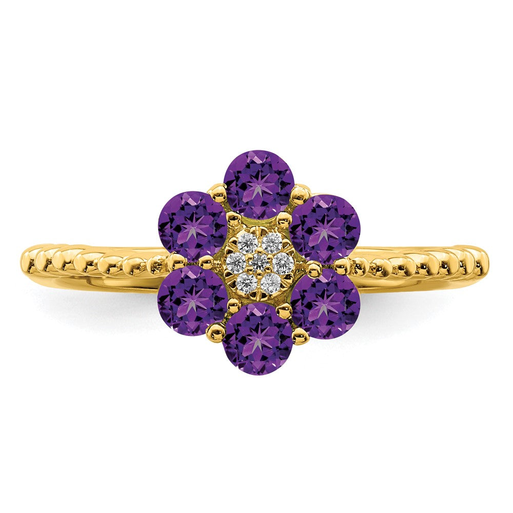 14K Yellow Gold Amethyst and Real Diamond Floral Ring