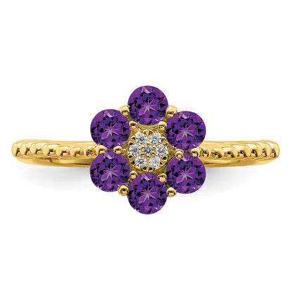 14K Yellow Gold Amethyst and Real Diamond Floral Ring