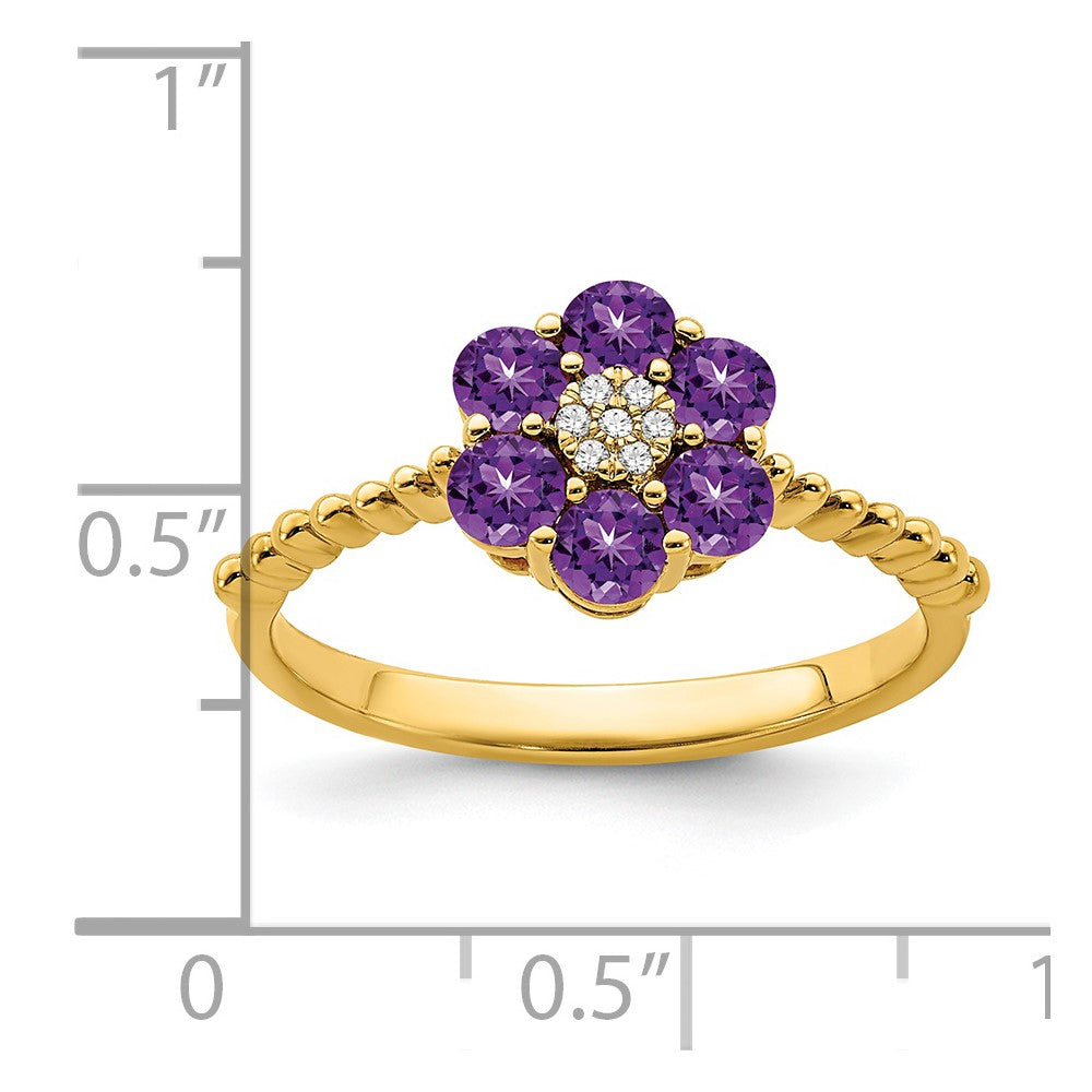 14K Yellow Gold Amethyst and Real Diamond Floral Ring