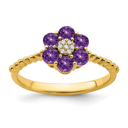 14K Yellow Gold Amethyst and Real Diamond Floral Ring