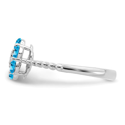 14k White Gold Blue Topaz and Real Diamond Floral Ring