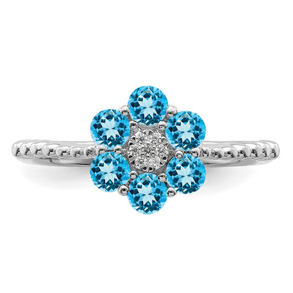 14k White Gold Blue Topaz and Real Diamond Floral Ring