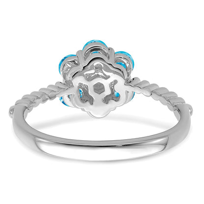 14k White Gold Blue Topaz and Real Diamond Floral Ring
