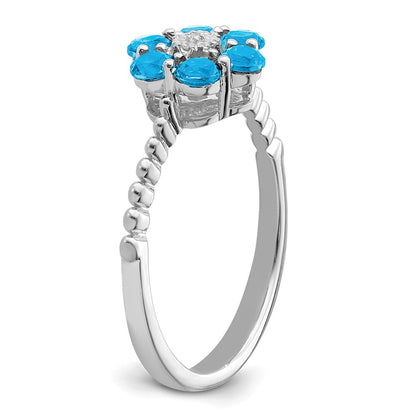 14k White Gold Blue Topaz and Real Diamond Floral Ring